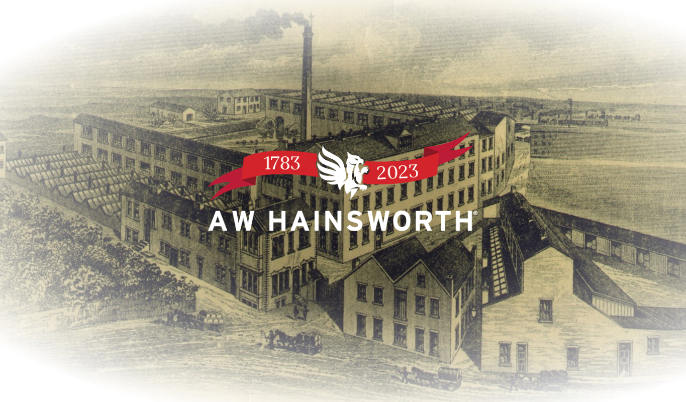 AW Hainsworth old drawing of mill with 240th anniversary logo